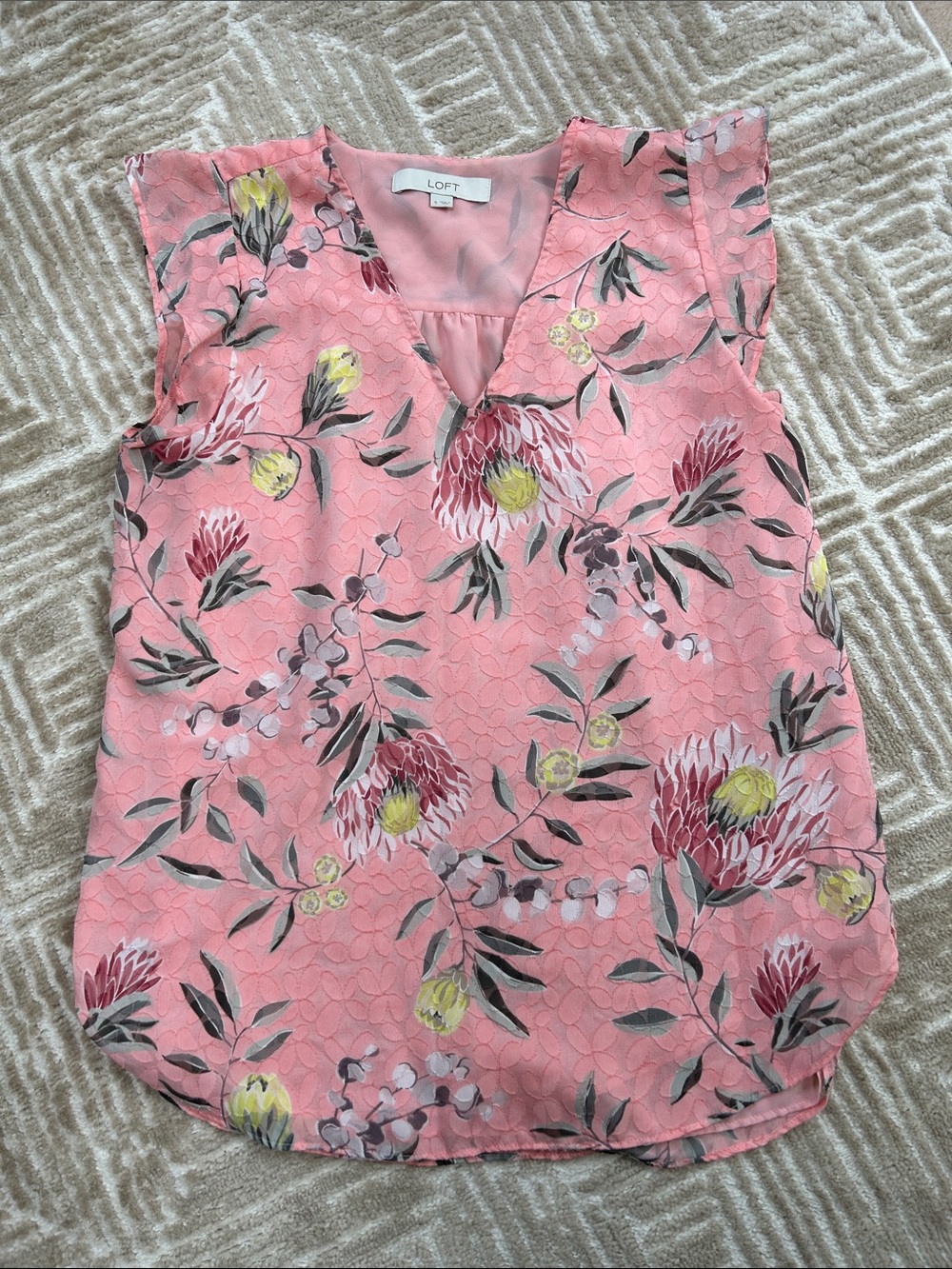 LOFT Pink Floral V-Neck Flutter Sleeve Top, S